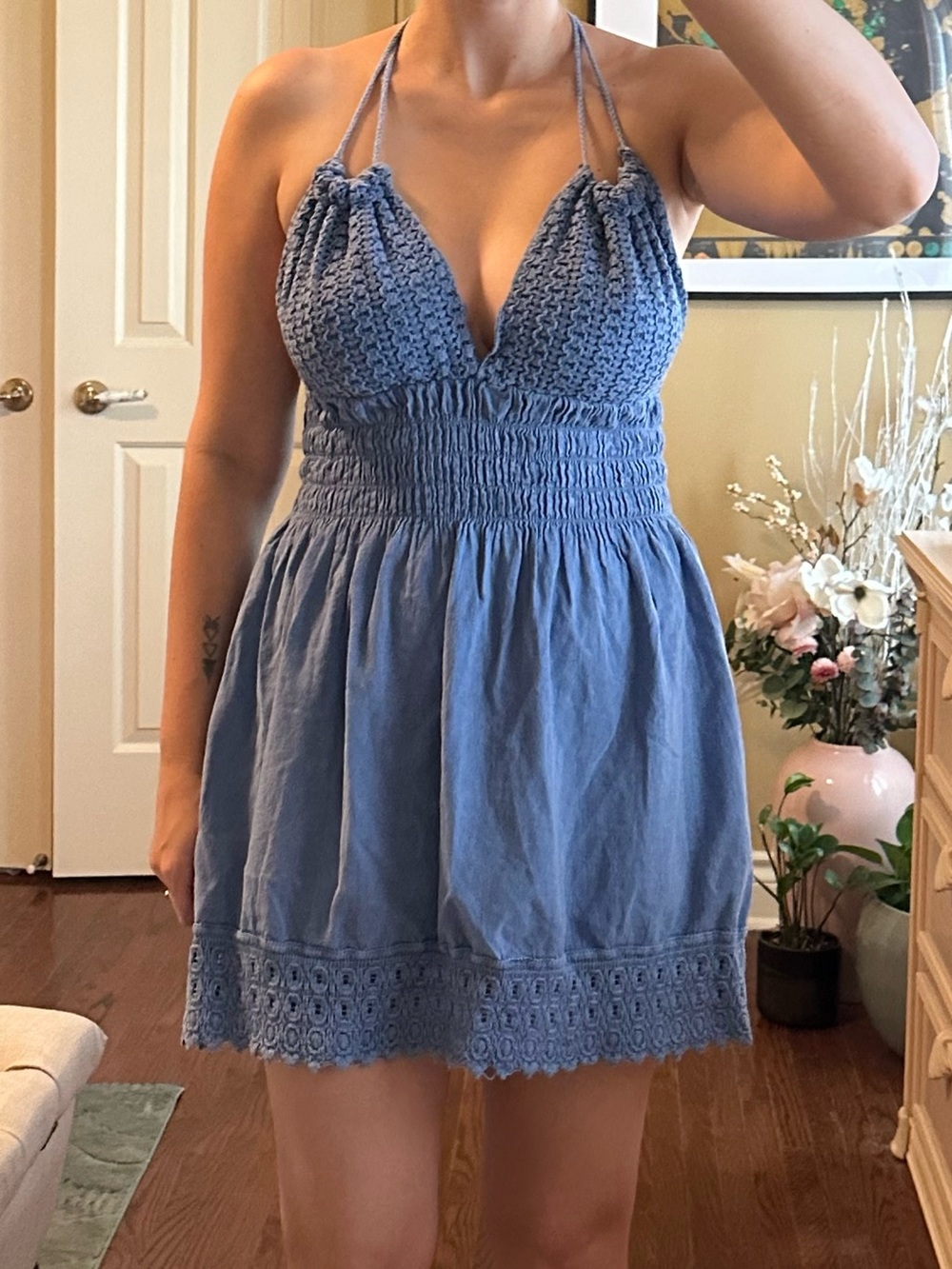 Smocked Halter Mini Dress in Dusty Blue